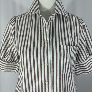 Old Navy Linen Brown and White Striped Shirt Dress